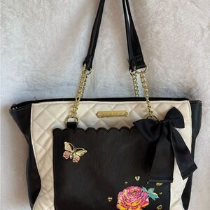 Betsey Johnson Black and White Floral Tote with Metal Embellishments